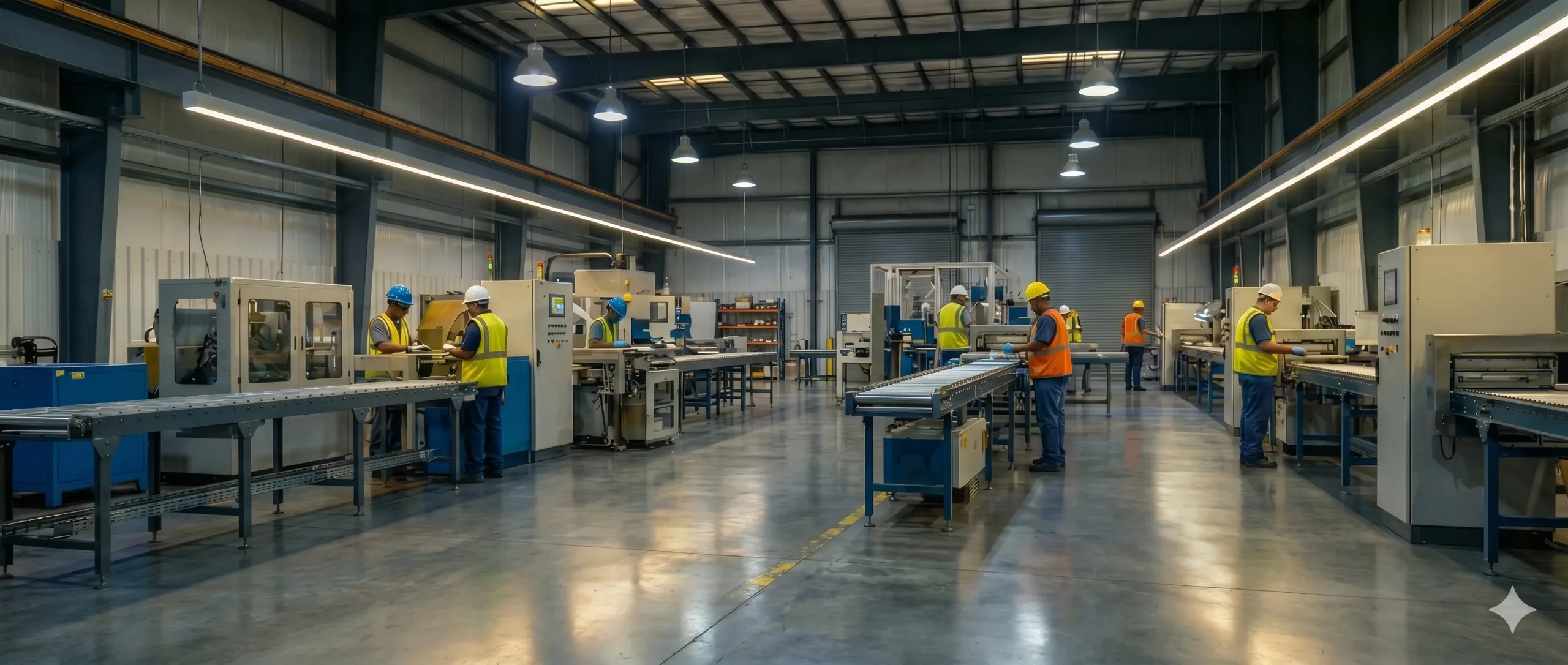 Manufacturing floor with operators at CNC and conveyor stations