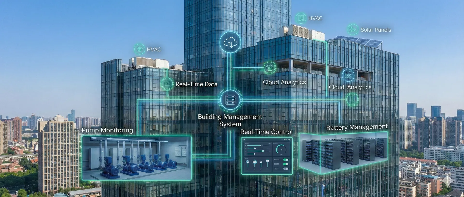 Smart building automation dashboard showing HVAC control, energy management, and occupancy monitoring with Mutexer