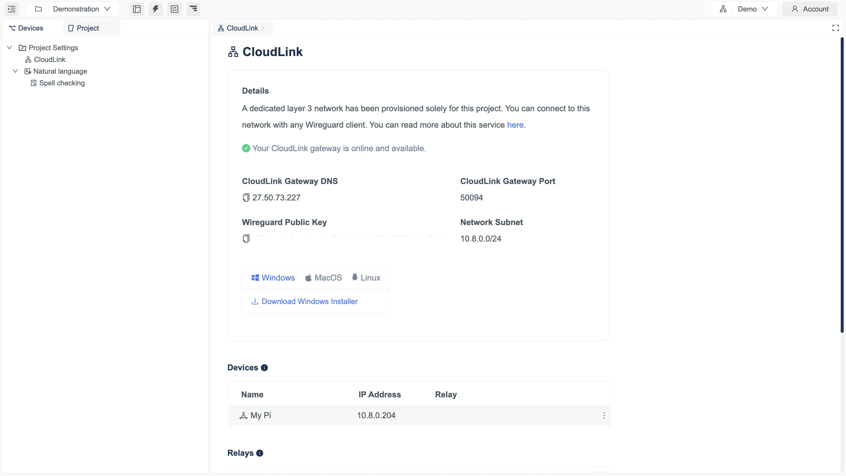 CloudLink VPN network showing connected devices, users, and secure WireGuard tunnels in mutexer IDE