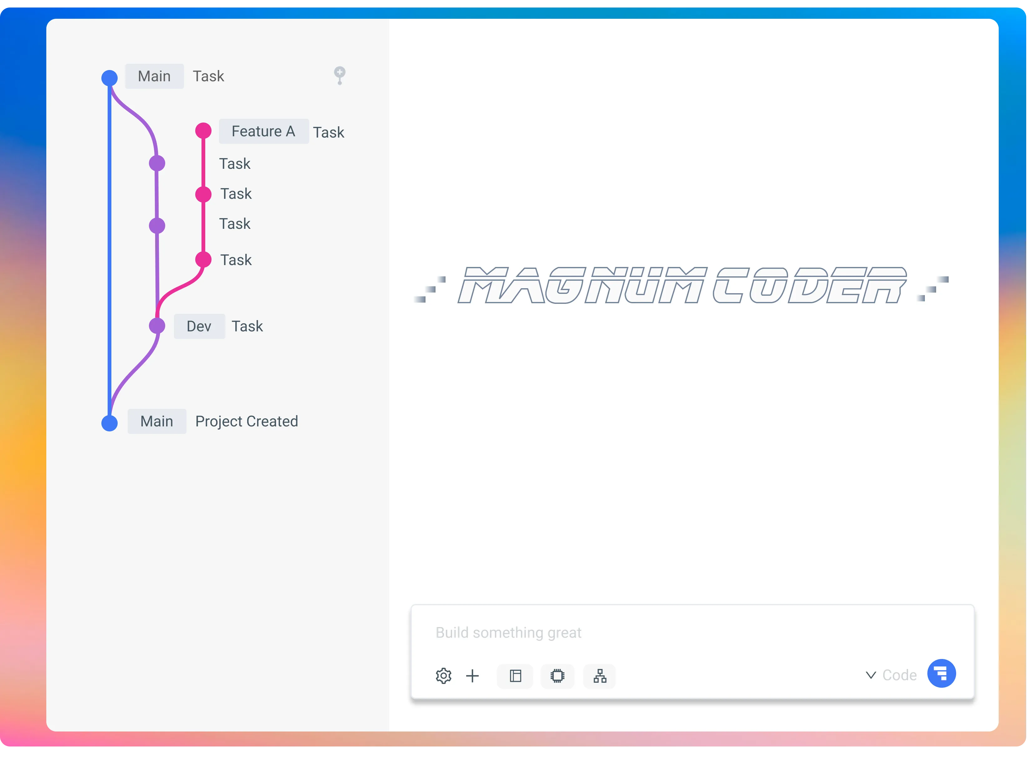 Magnum Coder AI-powered IDE interface showing code generation, version control, and Docker deployment for industrial software